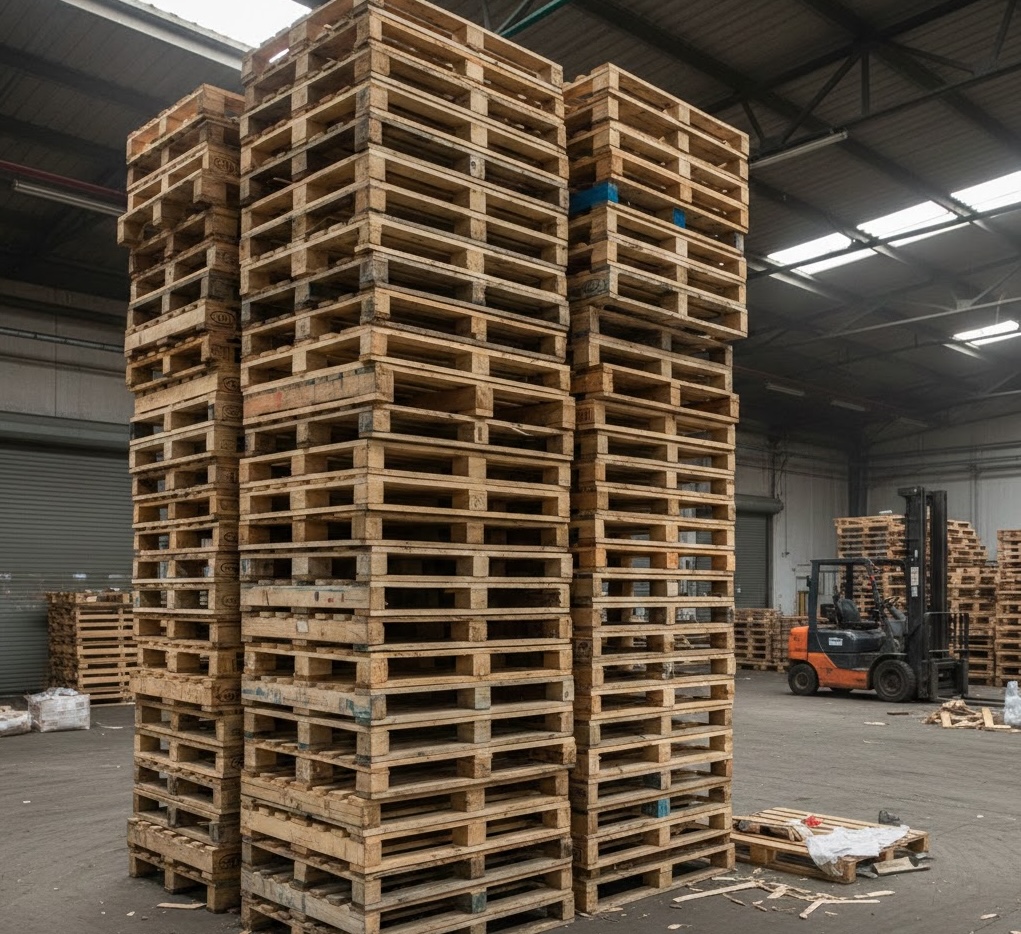 Tall stacks of used wood pallets in warehouse