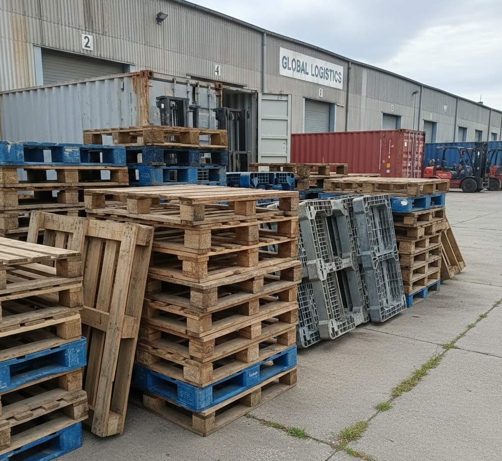 Outdoor logistics yard with mixed pallets and warehouse building