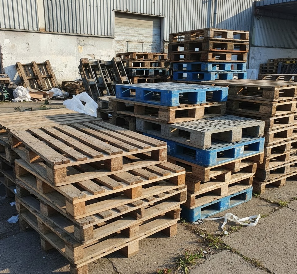 Outdoor yard with mixed wood and blue plastic pallets