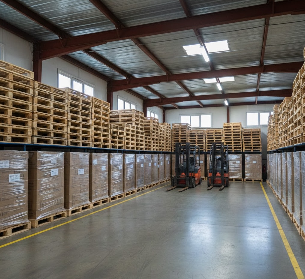 Large warehouse interior with stacked pallets and forklifts